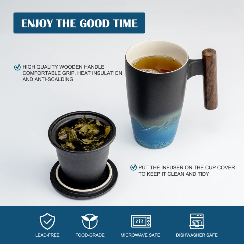 suyika Tomotime Ceramic Tea Cup with Infuser and Lid Tea Mugs Wooden Handle 400ml/13.5oz Black cyan - Image 3